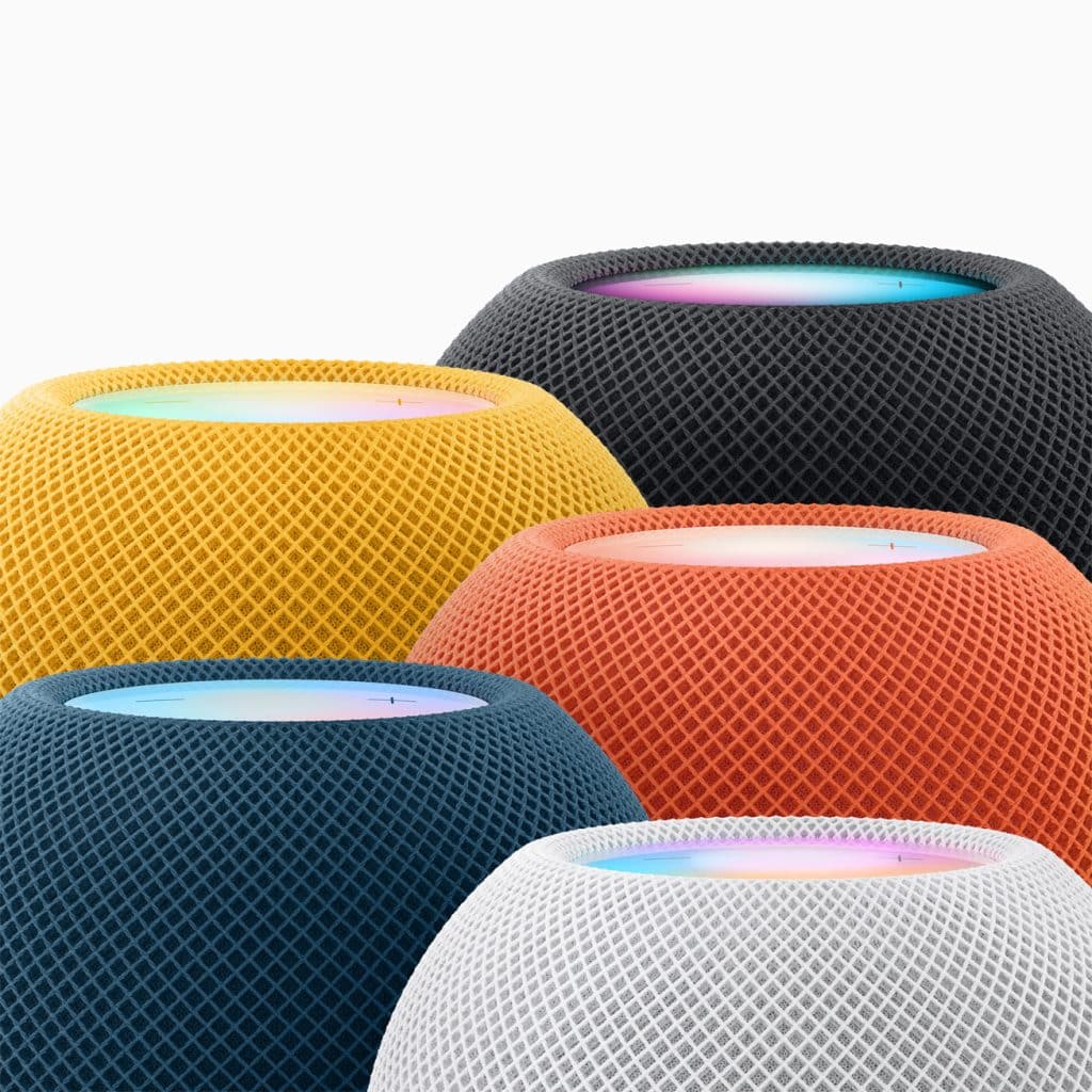 The Apple HomePod mini in Midnight, Yellow, Orange, Blue and White