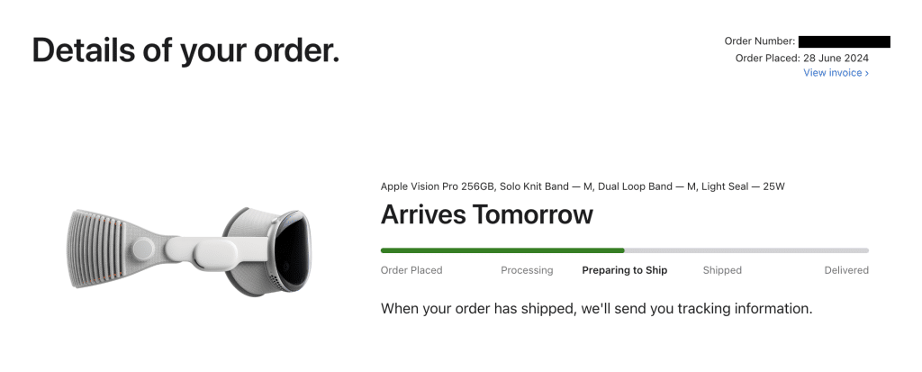 The Apple Vision Pro order page saying Arrives Tomorrow and Preparing to Ship