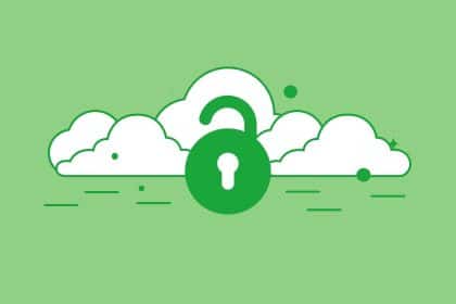 White clouds with a dark green security icon on a light green background
