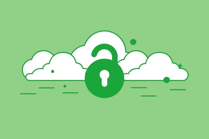 White clouds with a dark green security icon on a light green background