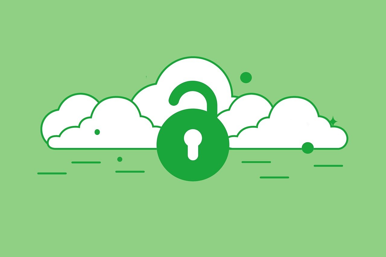 White clouds with a dark green security icon on a light green background