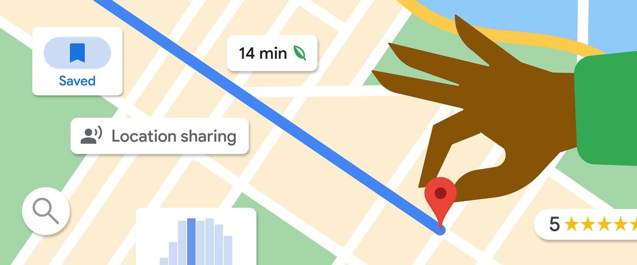 Google Maps with a hand holding a red pin pointing to a location