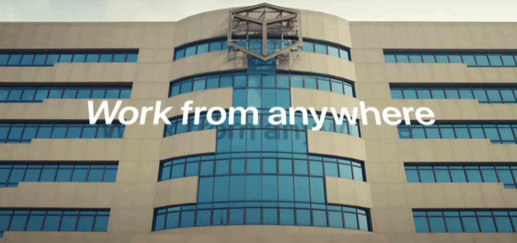 A building with "Work From Anyway" written by Apple