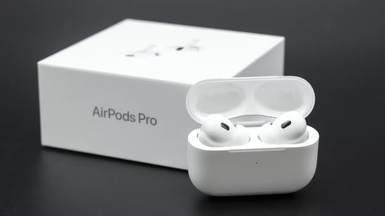 AirPods Pro with charging case in front of the box.