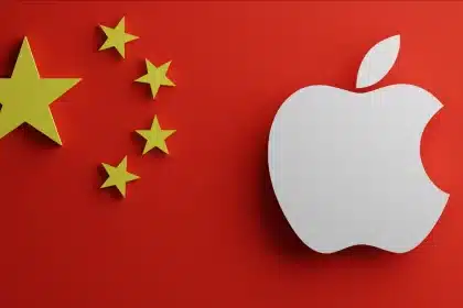 A white Apple logo next to the Chinese flag on a red background.