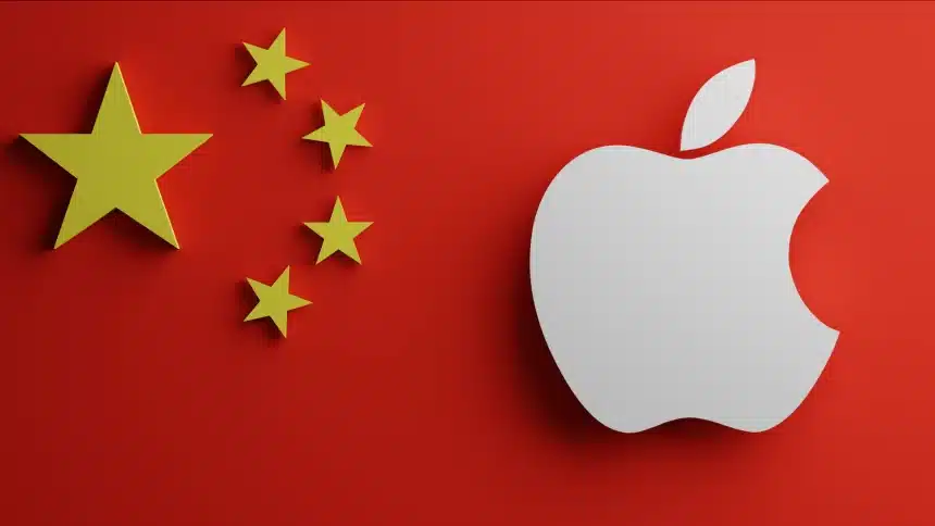 A white Apple logo next to the Chinese flag on a red background.