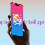 A hand holds an iPhone with the Apple Intelligence logo on the screen with a blue background.