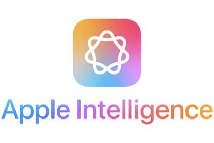 Apple Intelligence written in blue and orange color, along with its icon