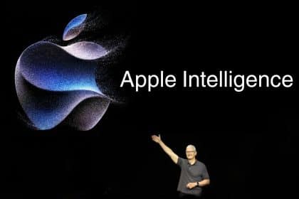 Apple CEO Tim Cook presents the Apple Intelligence logo on a large screen.