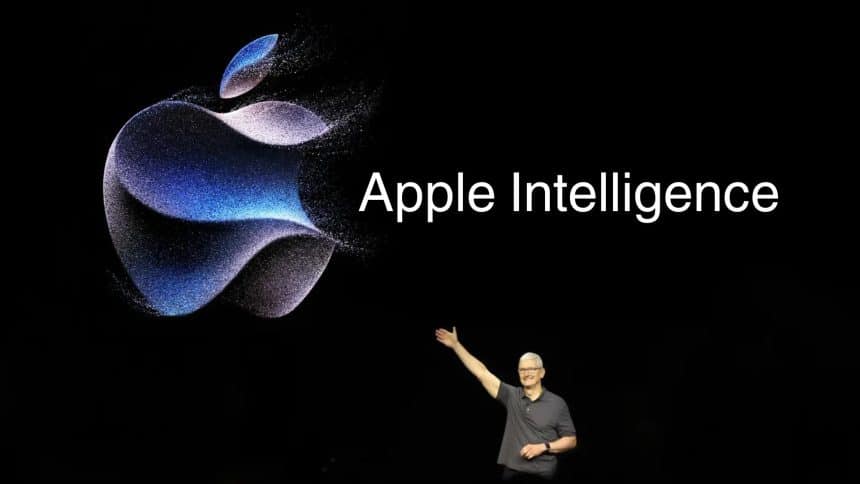 Apple CEO Tim Cook presents the Apple Intelligence logo on a large screen.