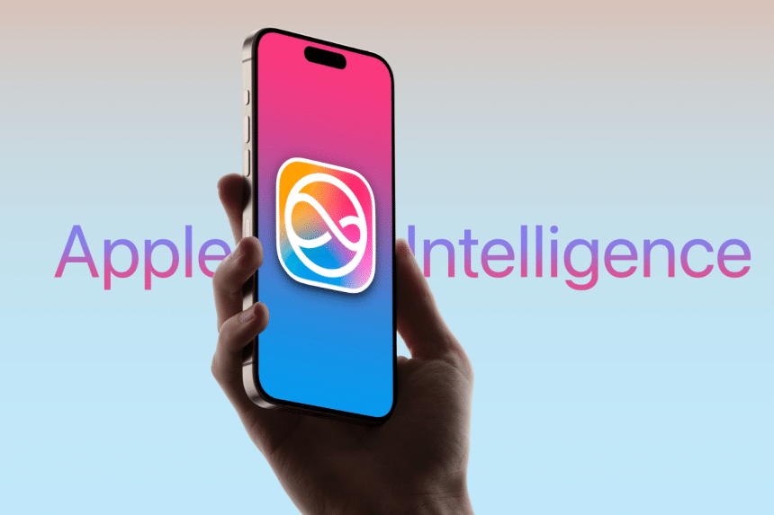 A hand holds an iPhone with the Apple Intelligence logo on the screen with a blue background.