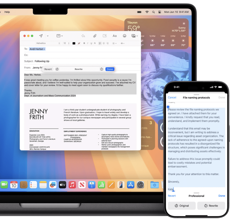 Apple Intelligence Writing Tool on a MacBook and iPhone