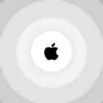 Apple logo on a gray concentric background.