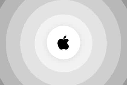 Apple logo on a gray concentric background.