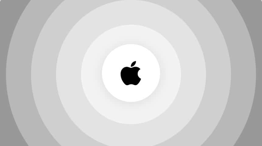 Apple logo on a gray concentric background.