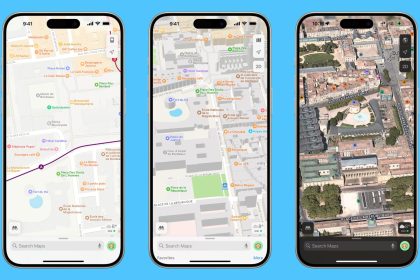 Three iPhones displaying different views of Apple Maps of standard, detailed, and satellite modes.