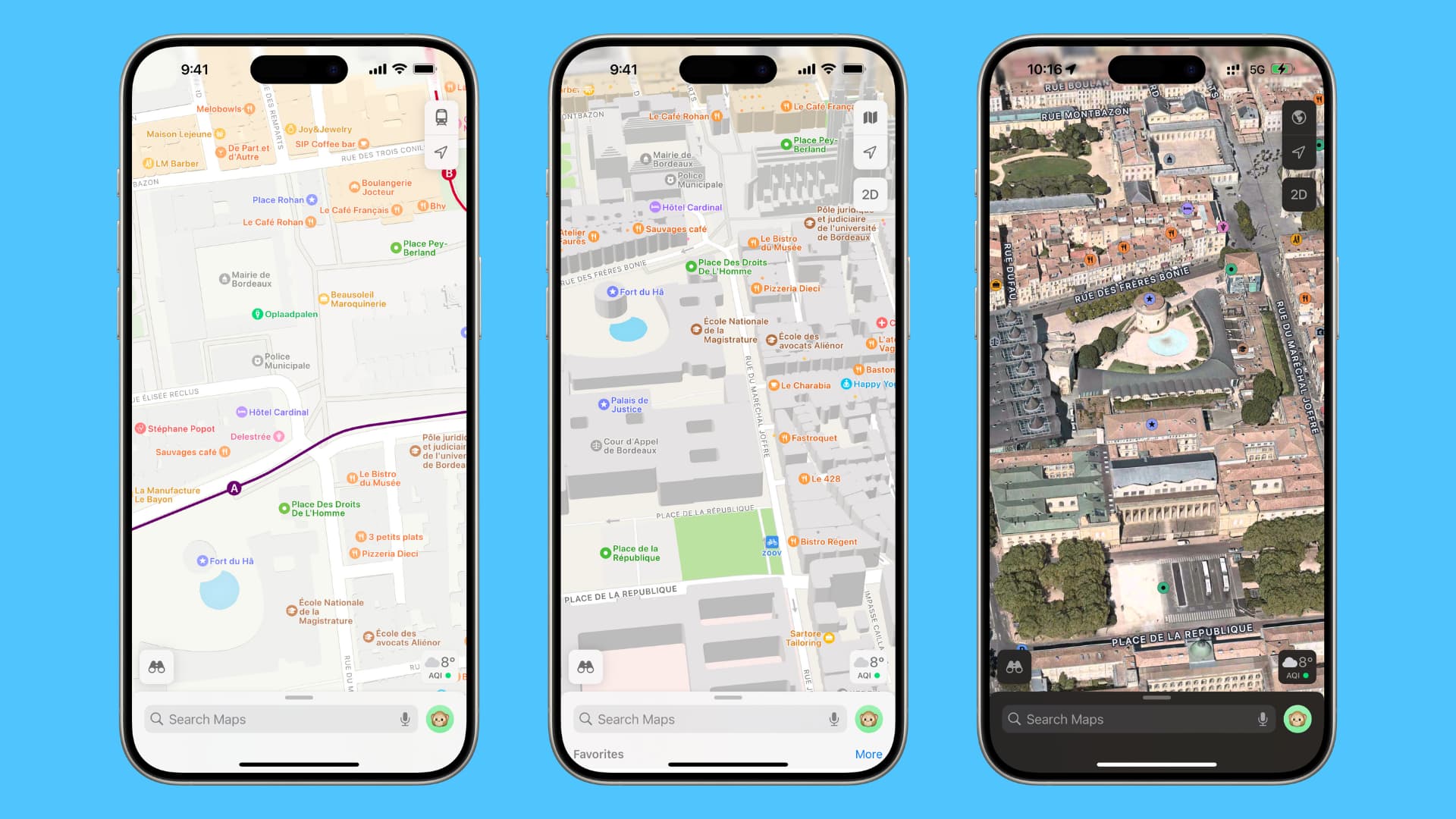 Three iPhones displaying different views of Apple Maps of standard, detailed, and satellite modes.