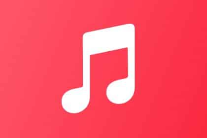 Apple Music logo on a red background.