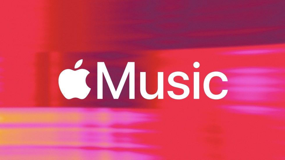 Apple music logo on red and pink background.