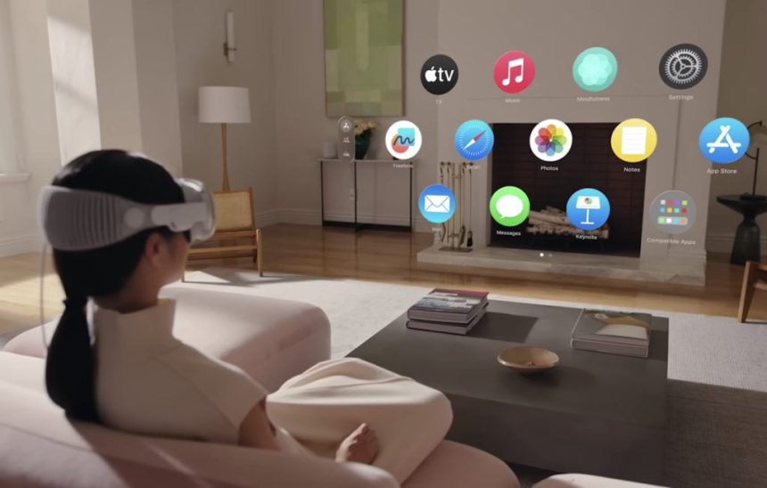 A person using Apple Vision Pro in a living room, interacting with floating app icons projected in the air.