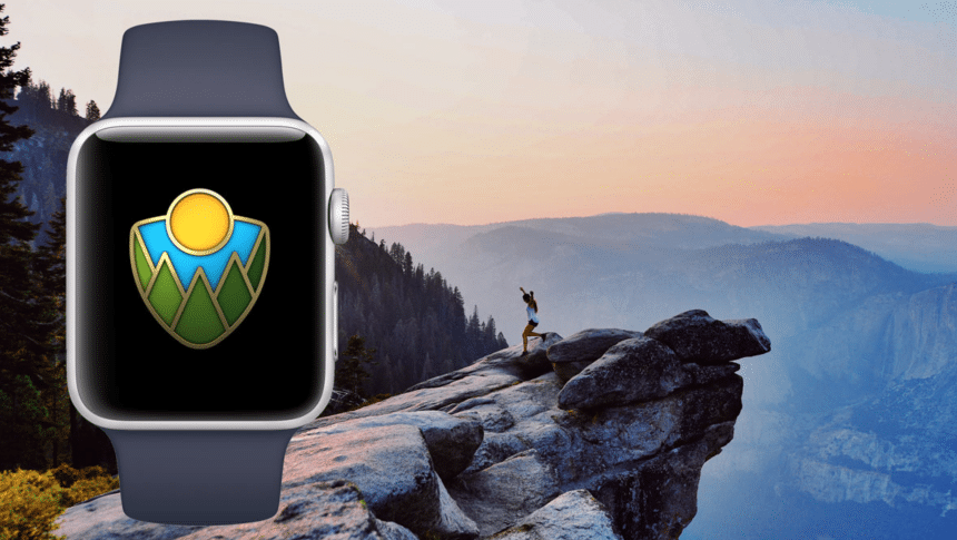 Apple Watch showing a National Park award with a mountain.