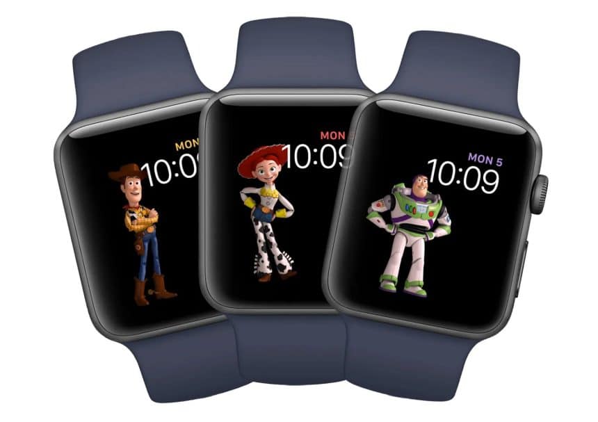 Three Apple Watches with "Toy Story" characters Woody, Jessie, and Buzz Lightyear as watch faces.