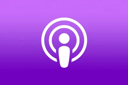 Apple Podcasts logo on a purple background.