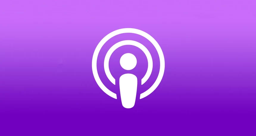 Apple Podcasts logo on a purple background.