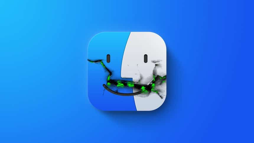 Cracked macOS Finder icon with green malware inside.