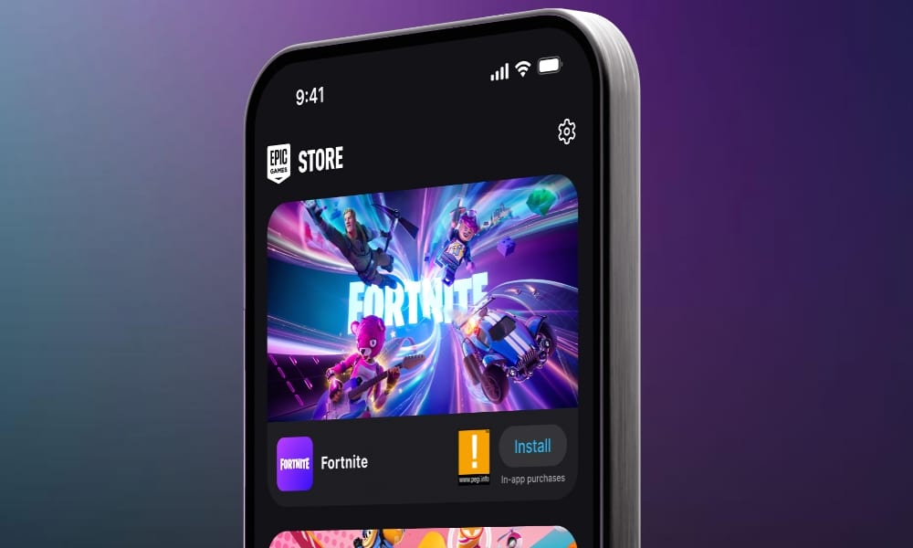 iPhone showing the Epic Games Store app with a Fortnite game.