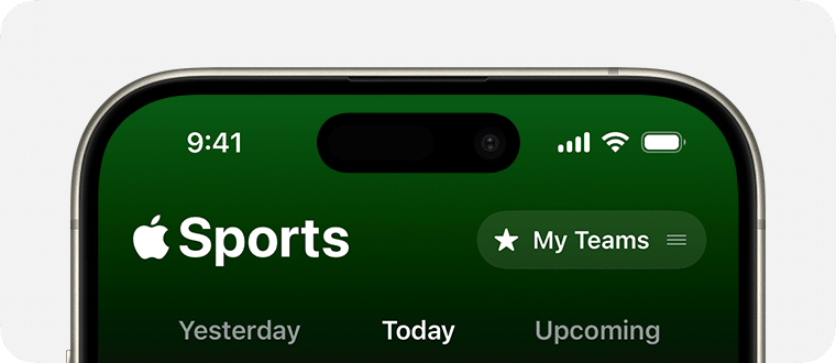 Top view of an iPhone screen showing the Apple Sports app interface.