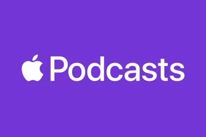 Apple Podcasts logo on a purple background.