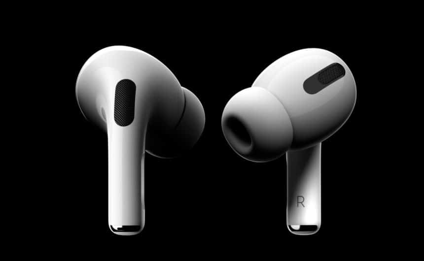 Two white AirPods Pro earbuds on a black background.