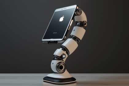 A robotic arm holds an iPad-like device.