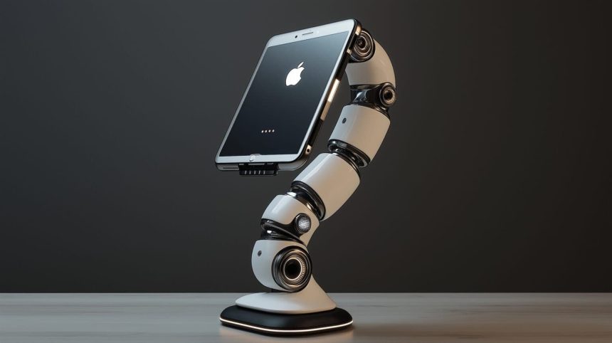 A robotic arm holds an iPad-like device.