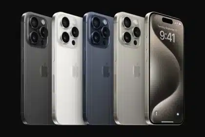 Four iPhone 15 models in different colours with black background