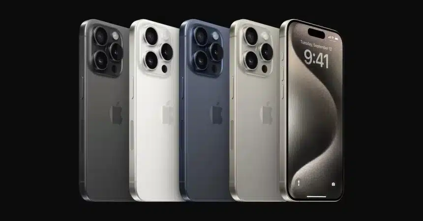 Four iPhone 15 models in different colours with black background