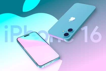 iPhone 16 in a teal colour on a gradient background.