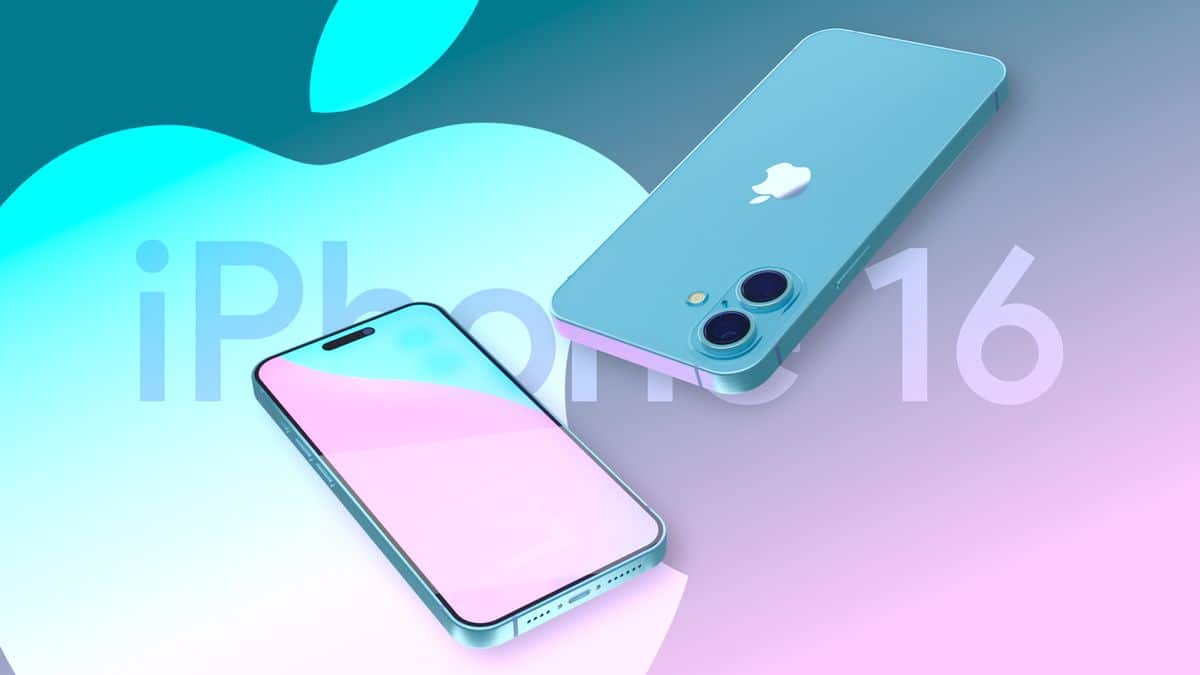 iPhone 16 in a teal colour on a gradient background.