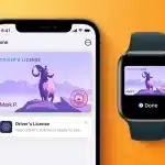 Digital driver's license displayed on an iPhone and Apple Watch screen.