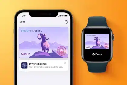 Digital driver's license displayed on an iPhone and Apple Watch screen.
