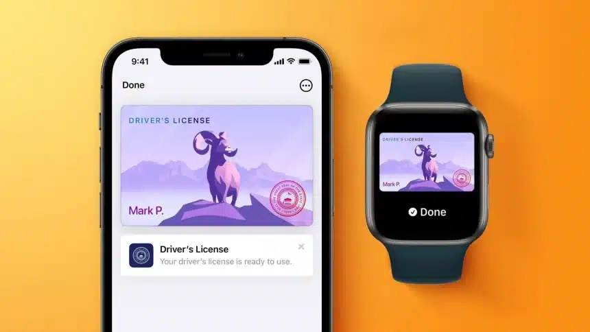 Digital driver's license displayed on an iPhone and Apple Watch screen.