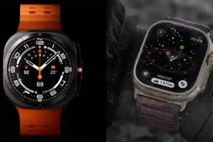 Samsung Galaxy Watch Ultra and Apple Watch Ultra side by side.