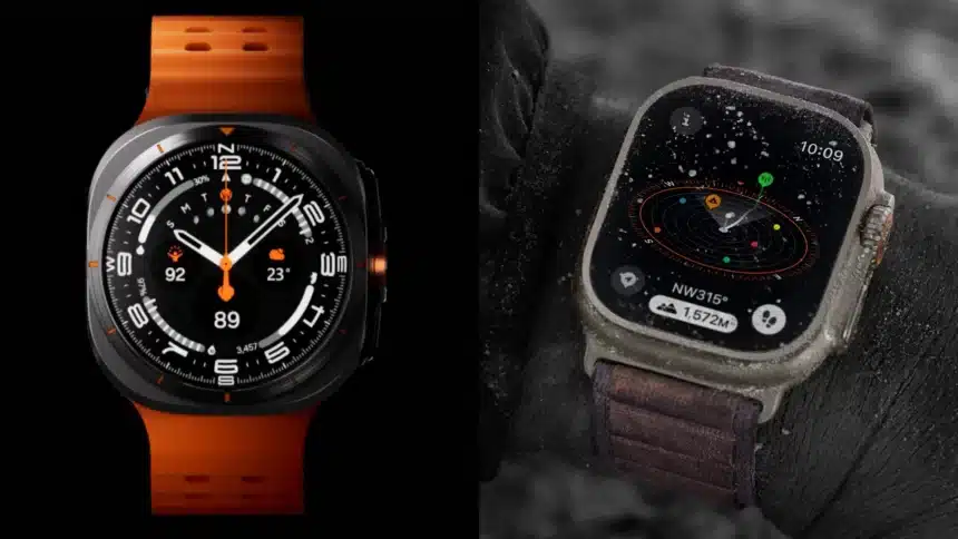 Samsung Galaxy Watch Ultra and Apple Watch Ultra side by side.