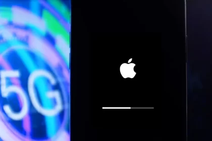 iPhone screen showing Apple logo next to a 5G graphic in the background.