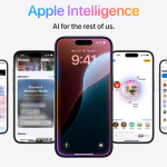 Multiple iPhones showcasing Apple Intelligence features.