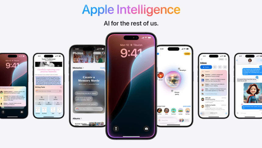 Multiple iPhones showcasing Apple Intelligence features.