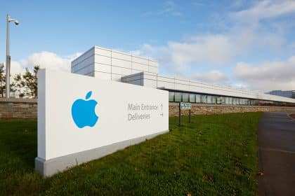 Apple's main entrance in Ireland with the company logo on a sign.