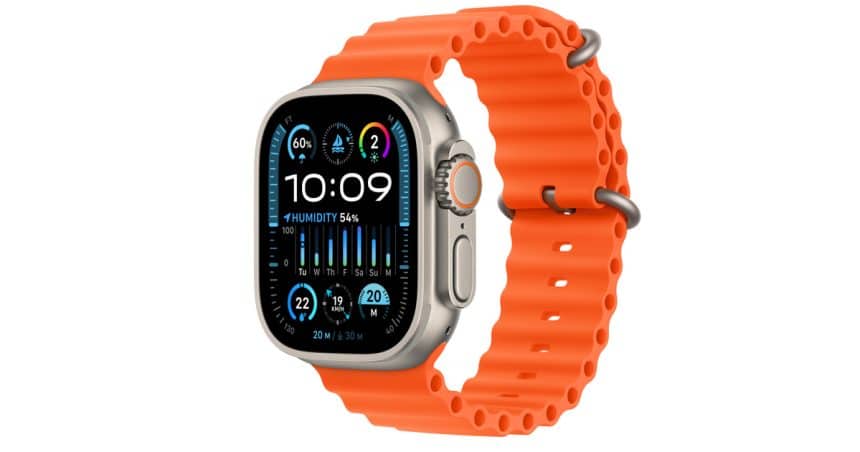 Apple Watch Ultra 2 with an orange band.