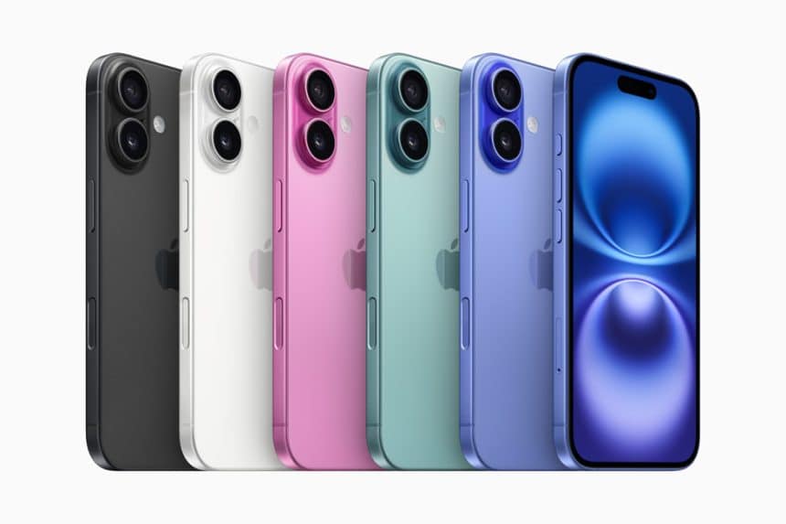 A lineup of iPhone 16 models in different colours.